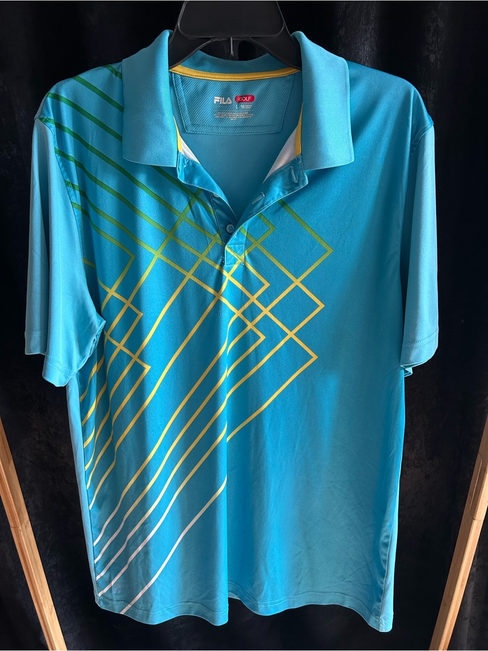 FILA Men's Turquoise Polo with Yellow Geometric Lines
